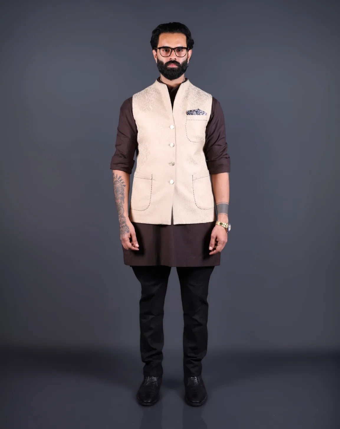 Front view of a beige Jacquard Nehru jacket for men with a pocket square