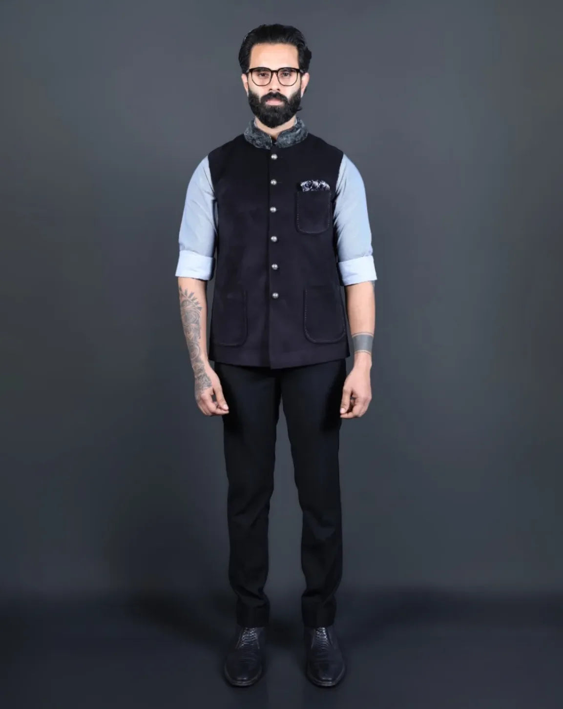 Black Nehru Jacket with Fur Collar