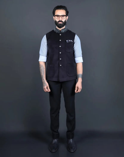 Black Nehru Jacket with Fur Collar