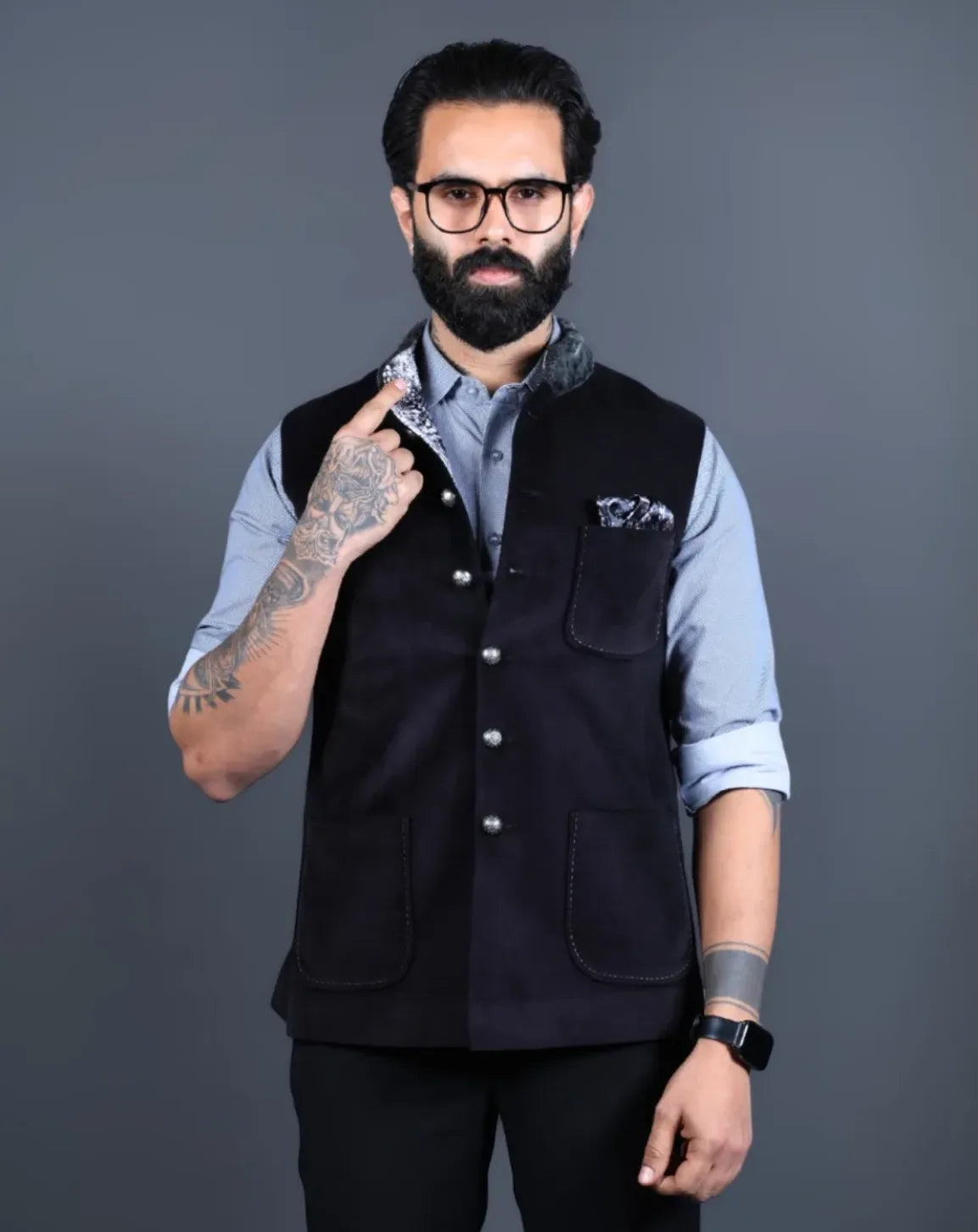 Black Nehru Jacket with Fur Collar