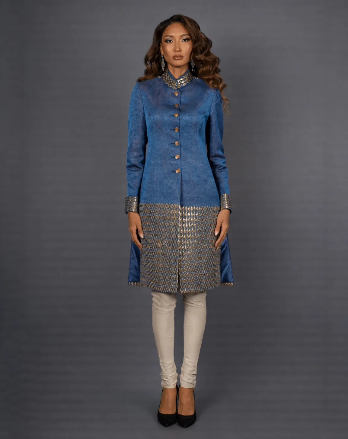 Teal Blue Woven Silk Sherwani