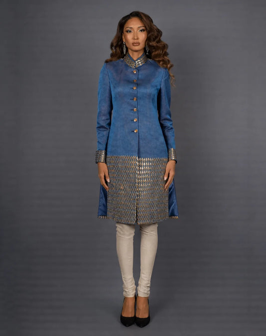 Teal Blue Woven Silk Sherwani