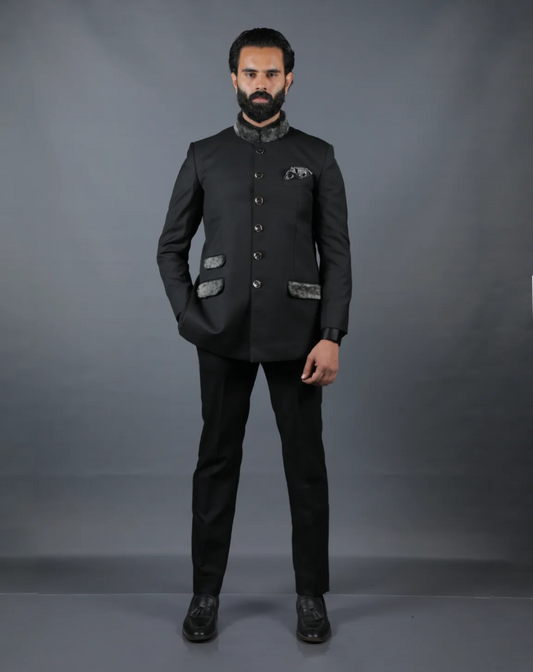 Black Bandhgala Suit with Fur