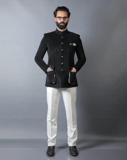 Black Suede Quilted Bandhgala Set