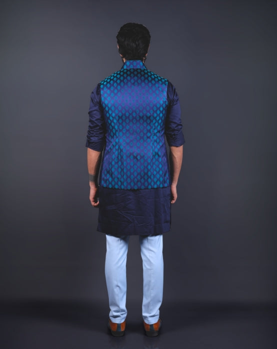 Stylish men's blue Nehru jacket for wedding wear back side