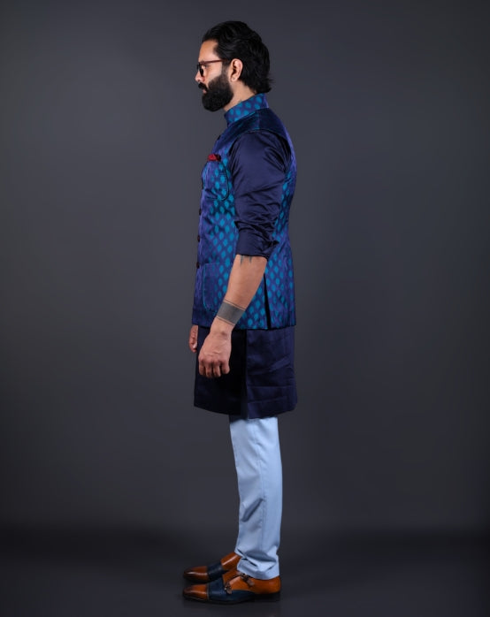 Side view of Royal blue woven Nehru jacket for men