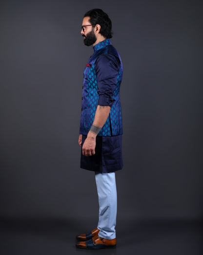 Side view of Royal blue woven Nehru jacket for men