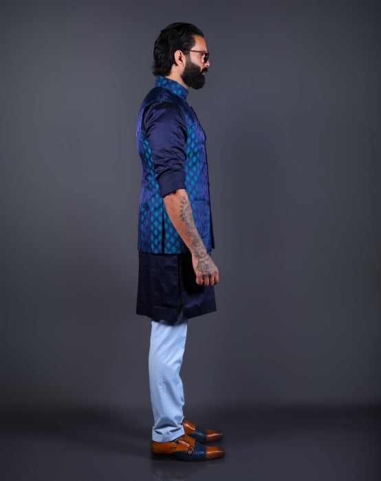 Royal blue woven Nehru jacket for men side view