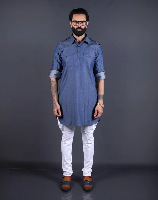 Blue Denim Pathani Kurta Set