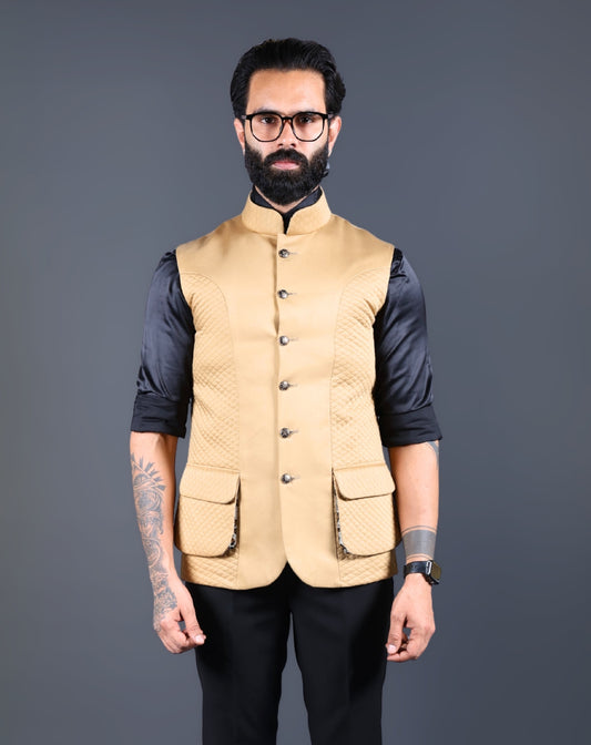 Close-up of buttons and quilted pockets on a Nehru jacket.