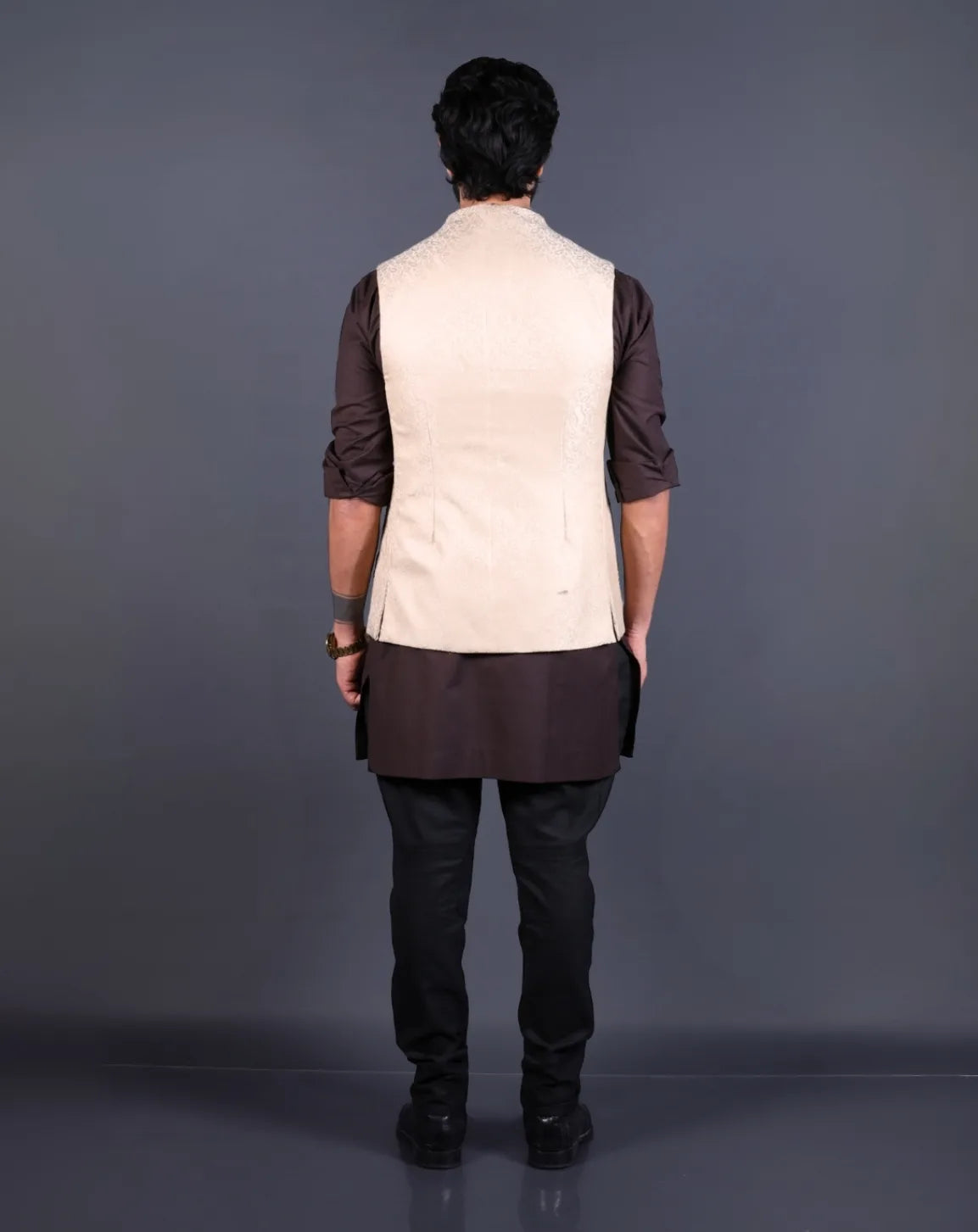 Back side of men's beige Jacquard Nehru jacket