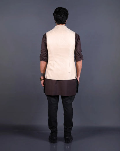 Back side of men's beige Jacquard Nehru jacket