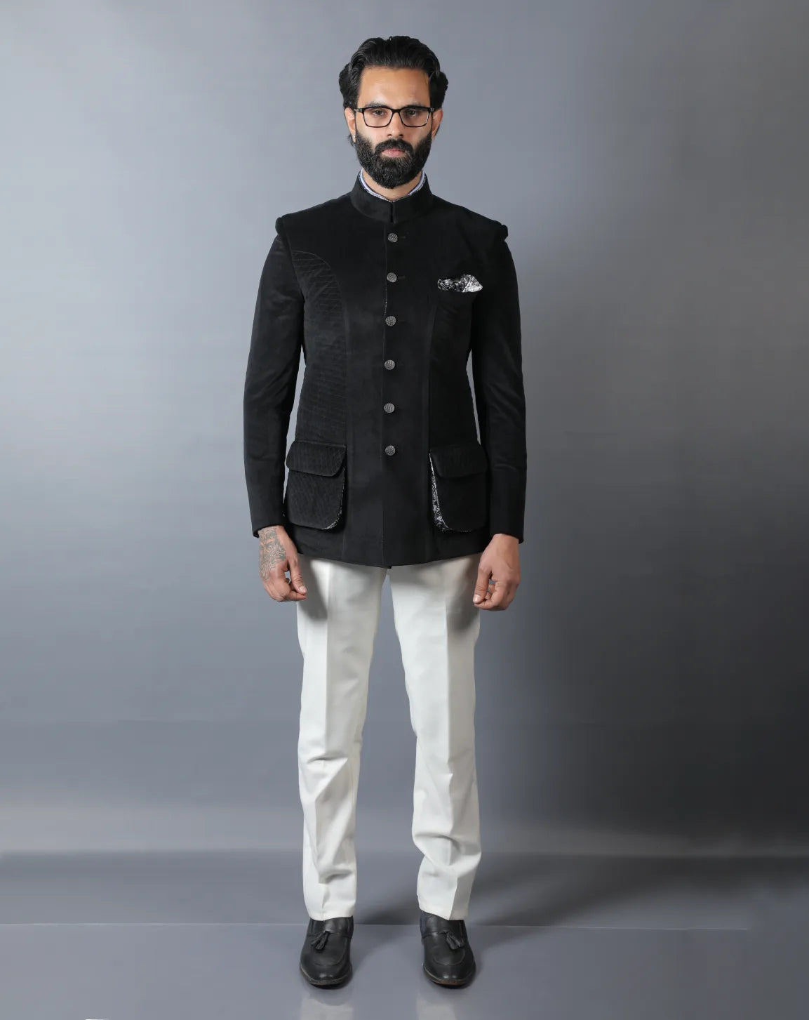 Black Suede Quilted Bandhgala Set