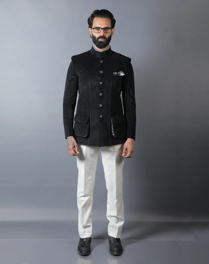 Black Suede Quilted Bandhgala Set