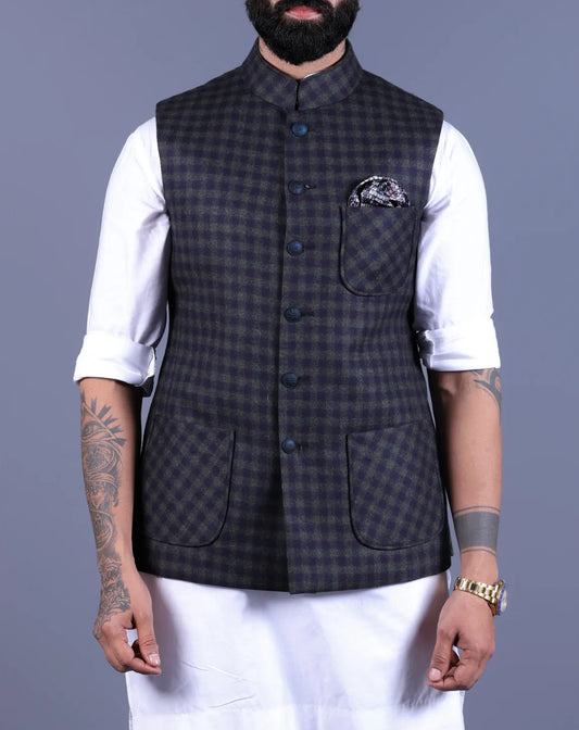 Close-up of the mandarin collar and buttons on a checkered nehru jacket.