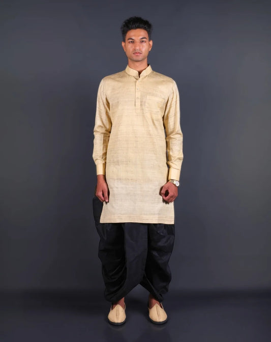 Gold Tussar Silk Kurta with Black Dhoti Set