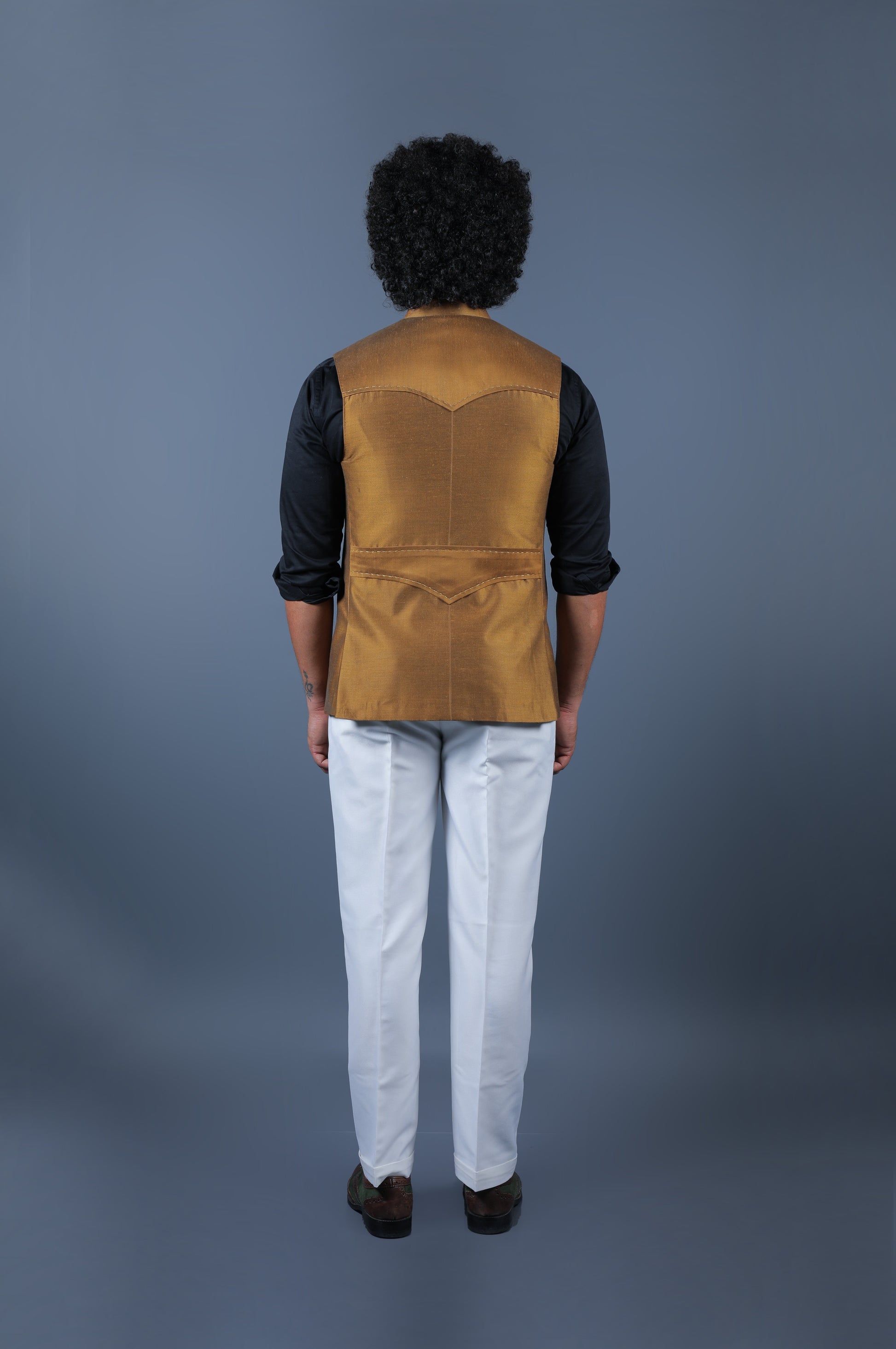 Back view of a premium men's mustard colored Nehru jacket