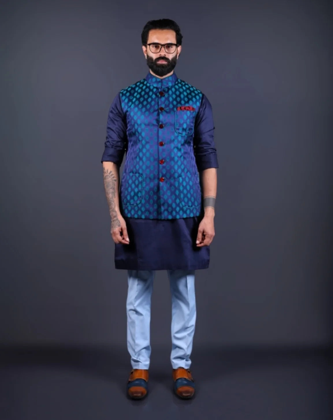 Blue printed Nehru Jacket for Men front view