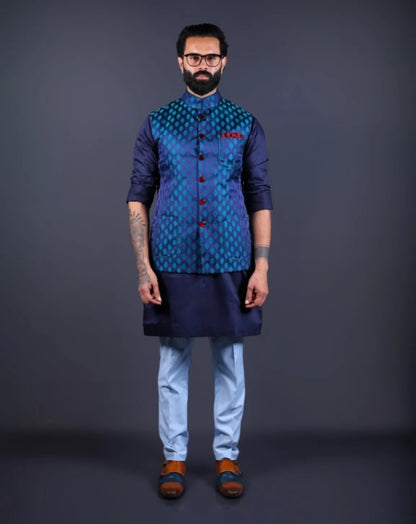Blue printed Nehru Jacket for Men front view