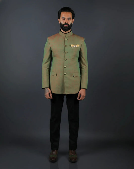 Olive green silk blended Bandhgala jacket for men