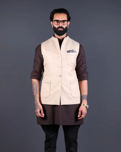 Close-up of the fabric texture on a beige Nehru jacket for men