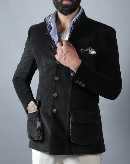 Black Suede Quilted Bandhgala Set